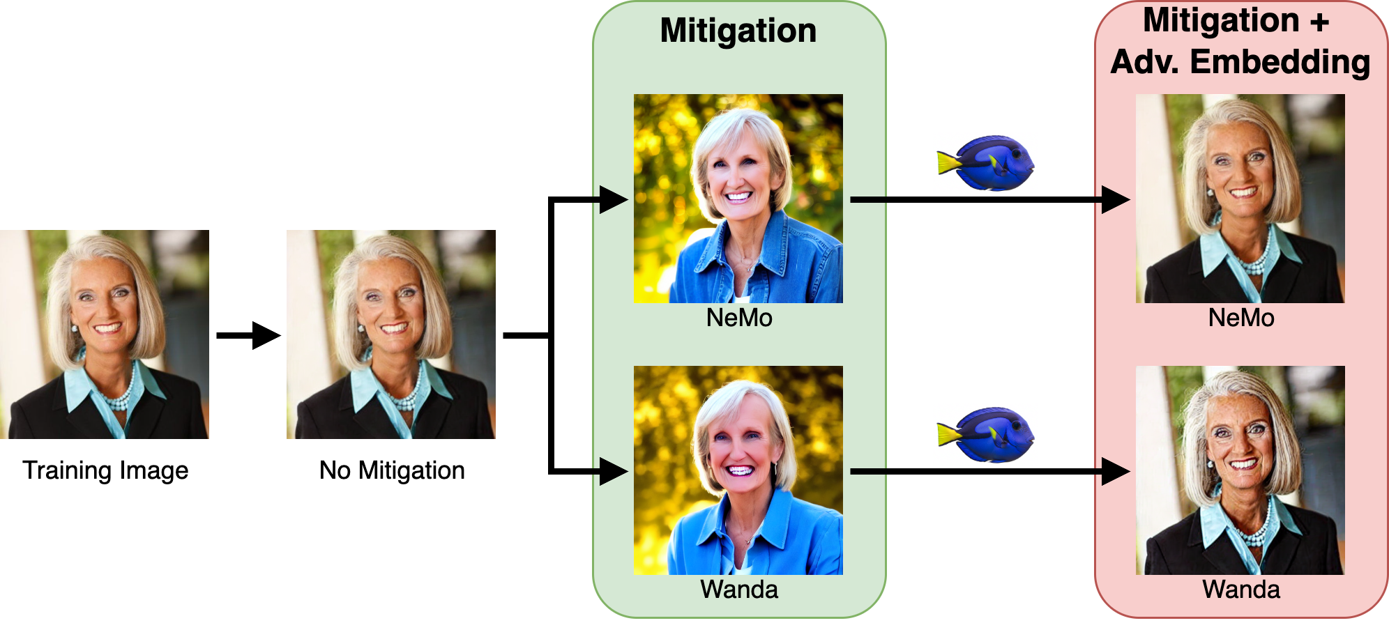 Overview diagram showing mitigation, adversarial embedding search, and recovered retained images.